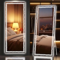 two images of a bedroom with a bed and a mirror